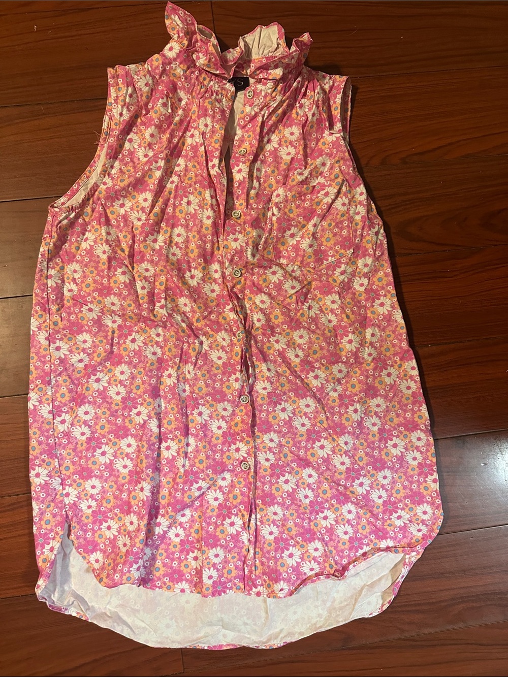Sleeveless Pink Floral Ruffle-Neck Blouse